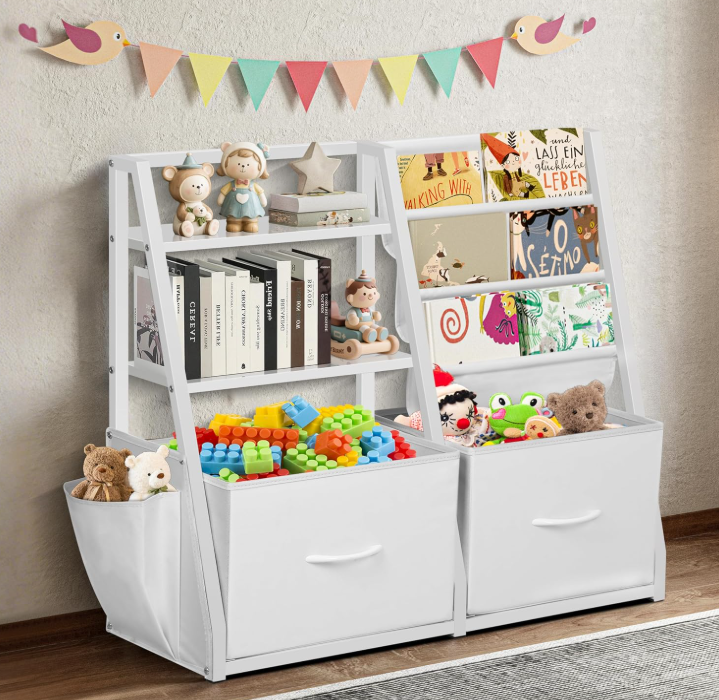 Kids Bookshelf and Toy Storage Cabinet with Drawers, Montessori Book Shelf for Nursery, Bedroom and Playroom