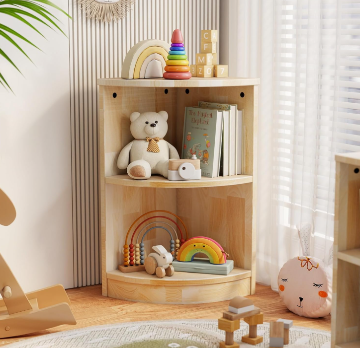 Wooden Corner Kids Storage Cabinet with Bookshelf, Montessori Toy Organizer Shelf for Playroom, Nursery and Kindergarten